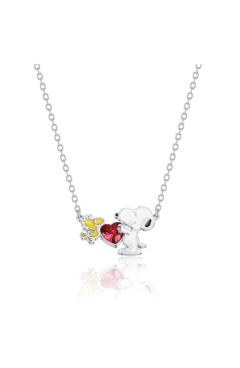 PEANUTS Snoopy and Woodstock Red Crystal Heart Necklace, 18'', Main, color, Silver, White, Red