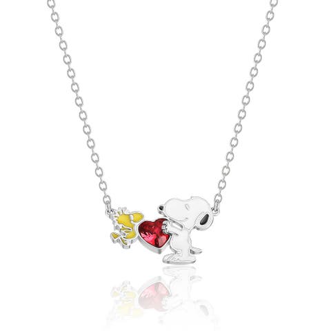 Snoopy and Woodstock Red Crystal Heart Necklace, 18''
