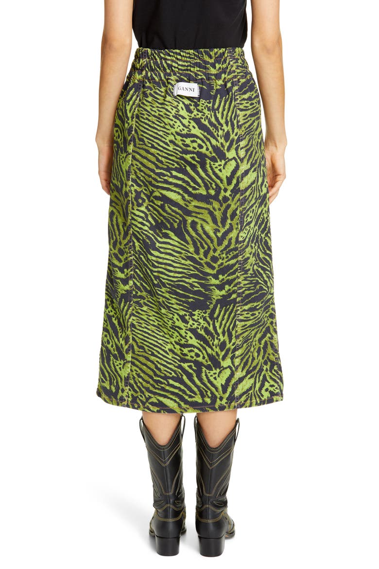 Tiger Print Denim Midi Skirt, Alternate, color, LIME TIGER