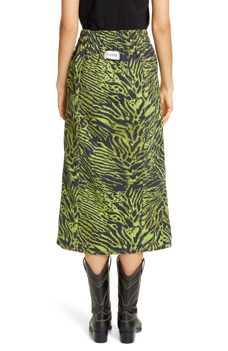 Ganni Tiger Print Denim Midi Skirt, Alternate, color,