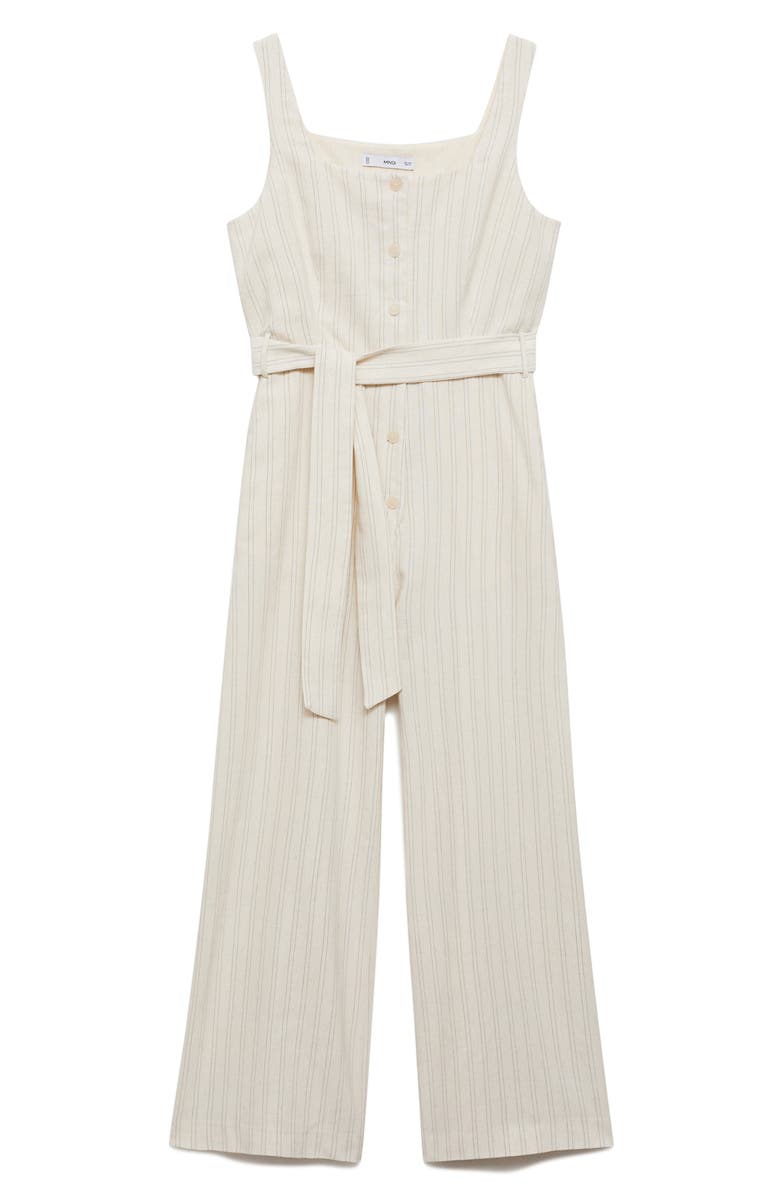 MANGO Stripe Tie Belt Jumpsuit, Alternate, color, Off White