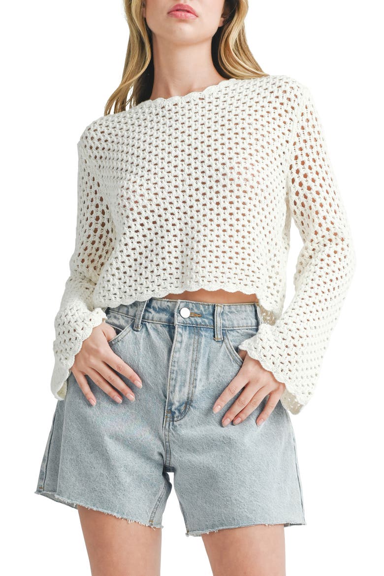 Openwork Crop Cotton Sweater, Main, color, IVORY