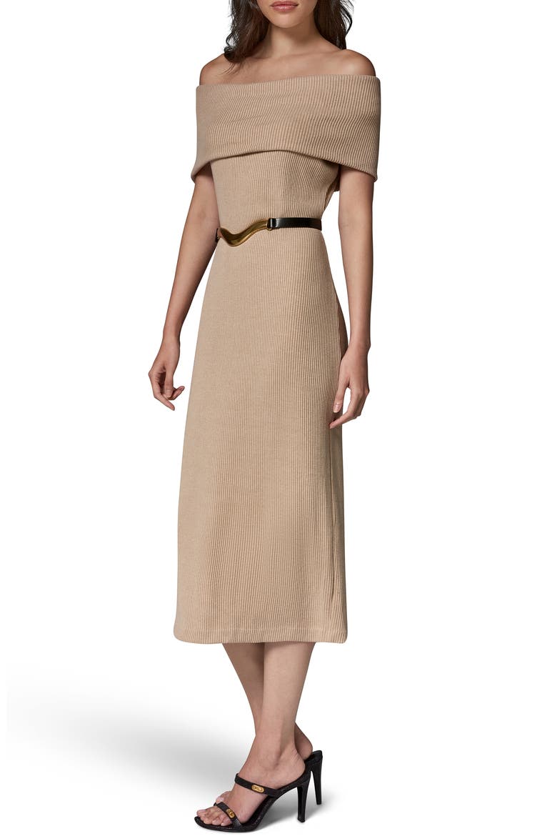Off the Shoulder Rib Dress, Alternate, color, CAMEL