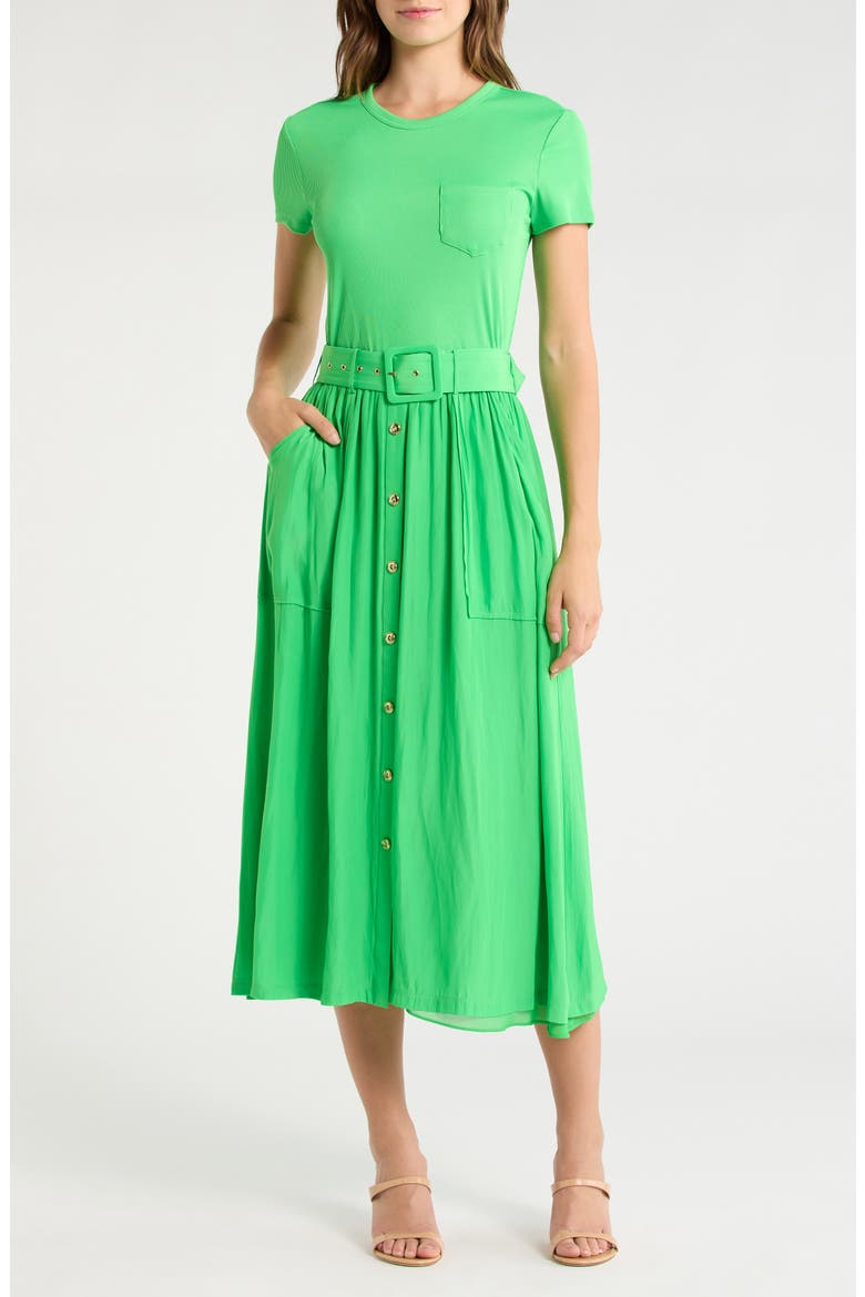 Sylvie Mixed Media Cotton Blend Dress, Main, color, TROPIC GREEN