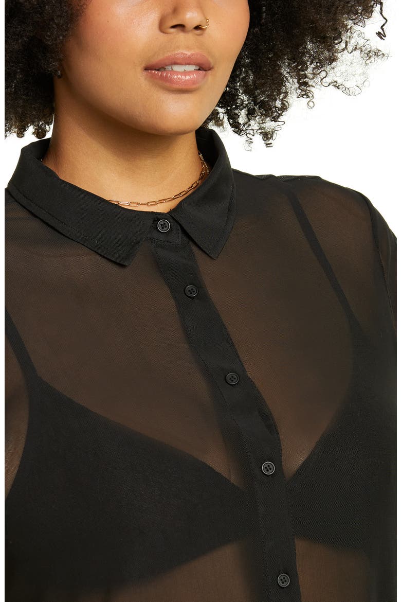 Women's Mesh Short Sleeve Button-Up Shirt, Alternate, color, BLACK