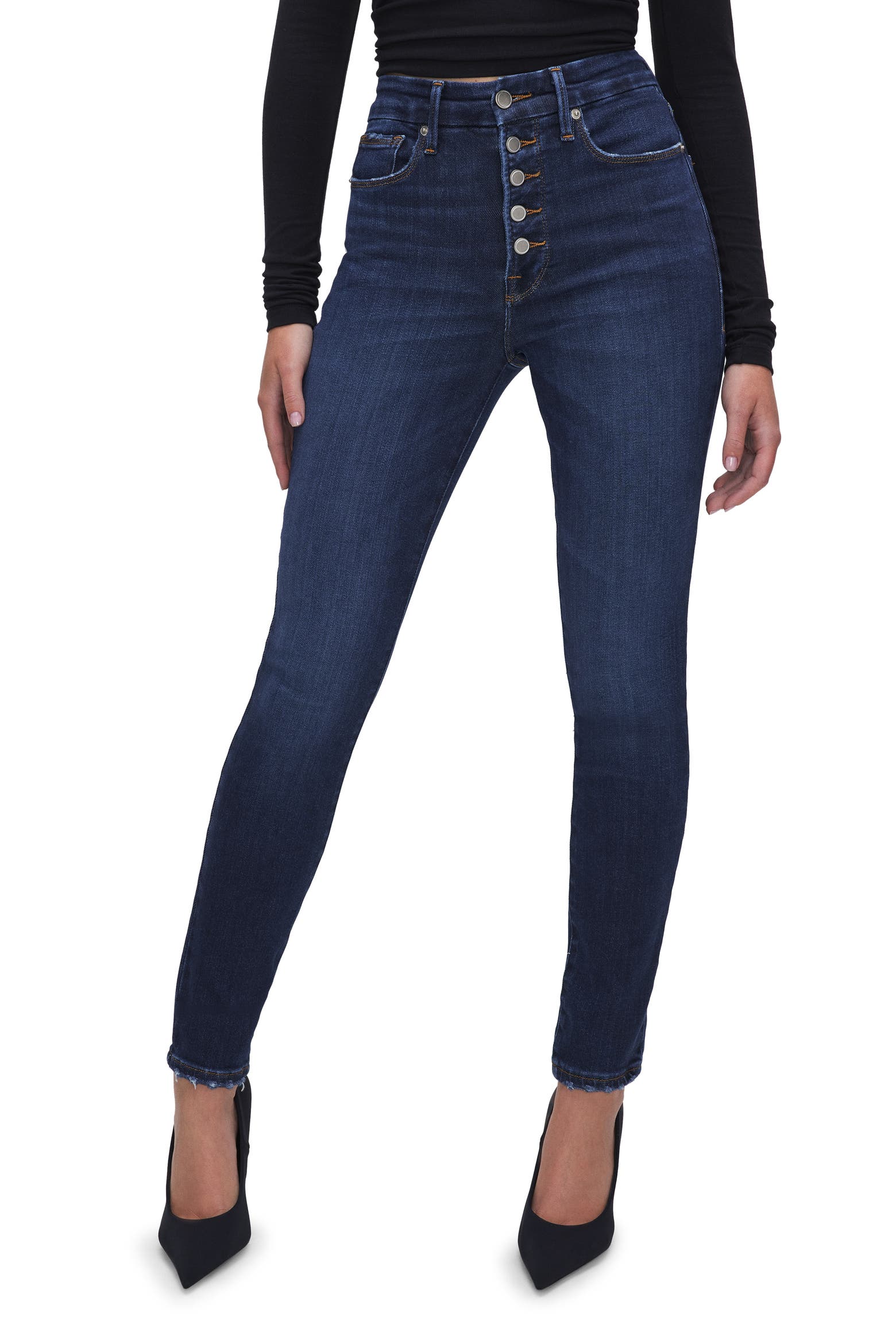 Good American Good Waist Exposed Button Frayed Skinny Jeans Women good-american-good-waist-exposed-button-frayed-skinny-jeans-women