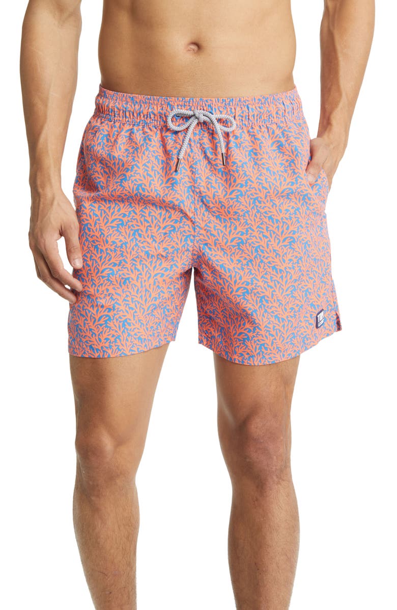 Tom & Teddy Coral Print Swim Trunks, Main, color, Mid Blue & Orange
