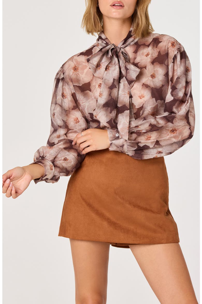 Floral Tie Neck Top, Main, color, BROWN FLORAL