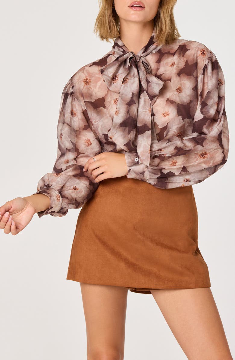 ASTR the Label Floral Tie Neck Top, Main, color, Brown Floral