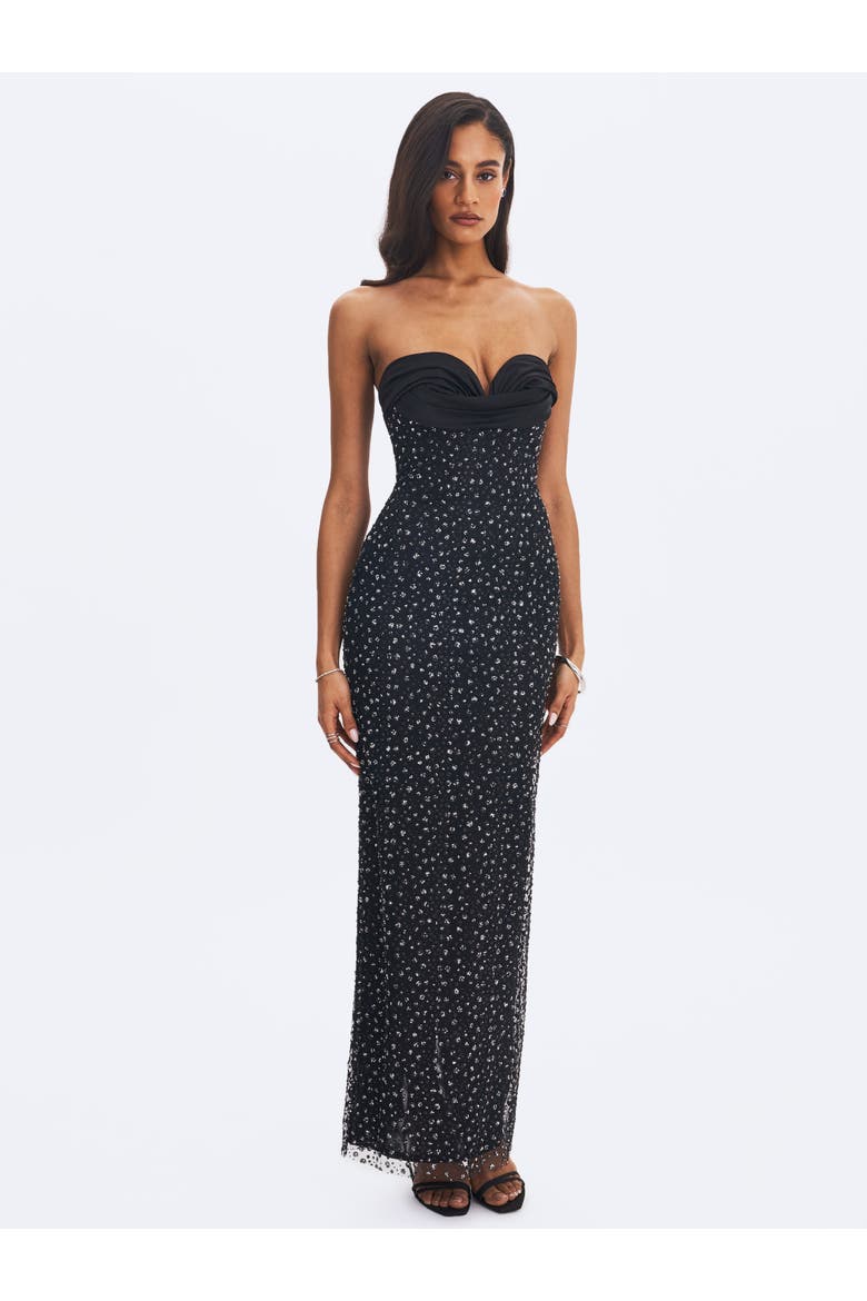 Preslie Satin & Crystal Mesh Sheath Maxi Dress, Alternate, color, Black