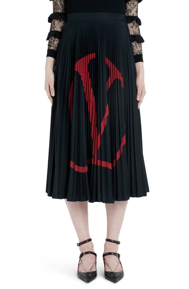 Valentino VLOGO Pleated Jersey Midi Skirt, Main, color,