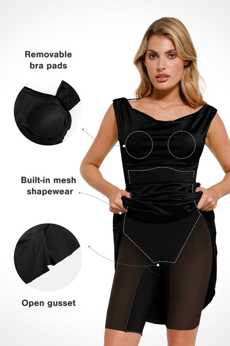 Shimmering Cowl Neck Built-in Shapewear Evening Maxi Dress, Alternate, color, Midnight Black