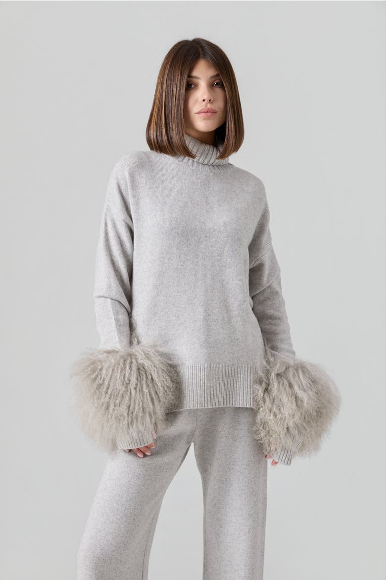 Mongolian Shearling Cuffs Cashmere Sweater, Main, color, Gray