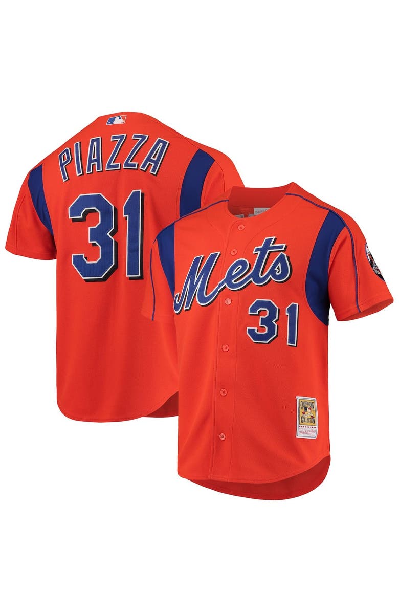 Mitchell & Ness Men's Mitchell & Ness Mike Piazza Orange New York Mets Cooperstown Collection Mesh Batting Practice Button-Up Jersey, Main, color, Orange