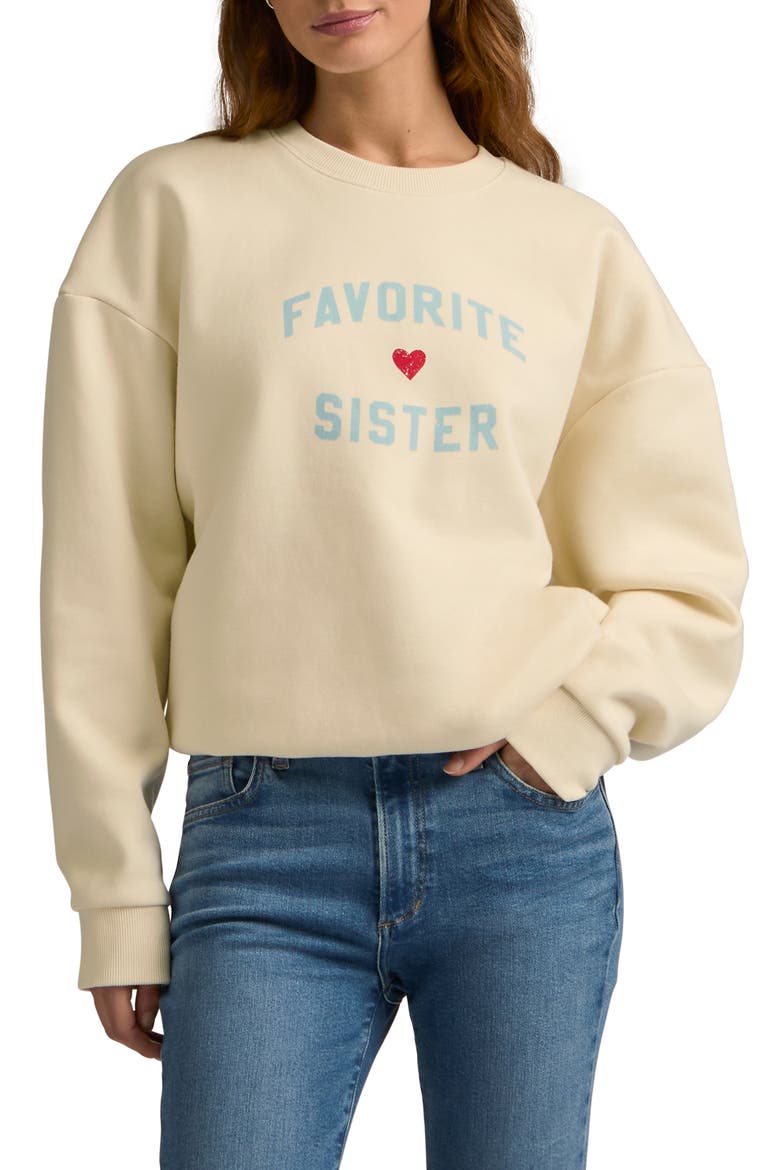 Favorite Sister Graphic Sweatshirt, Main, color, GARDENIA W/ BABY BLUE