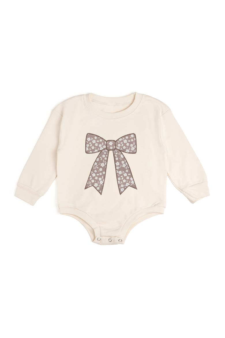 Mocha Floral Bow Patch Long Sleeve Romper, Main, color, Natural Heather