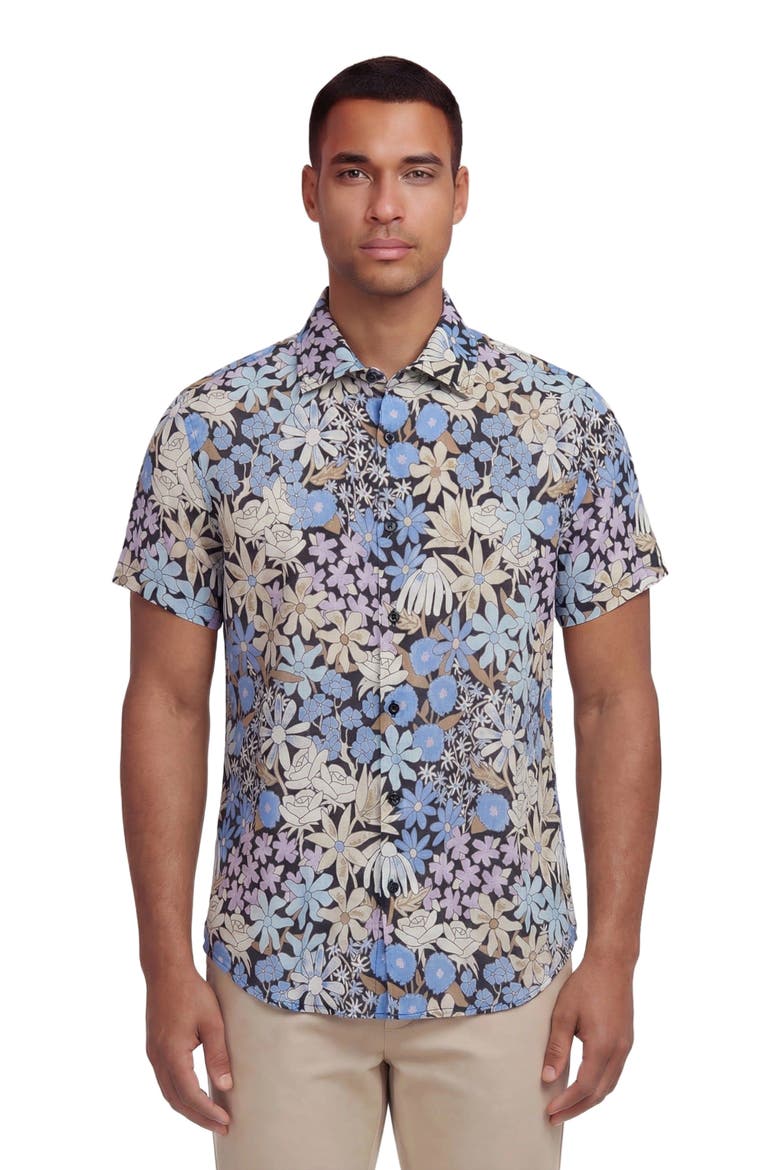 Rough Floral Short Sleeve Fine Linen Shirt, Main, color, ROUGH FLORAL BLACK