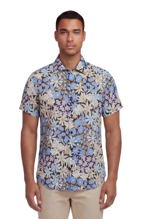 Rough Floral Short Sleeve Fine Linen Shirt