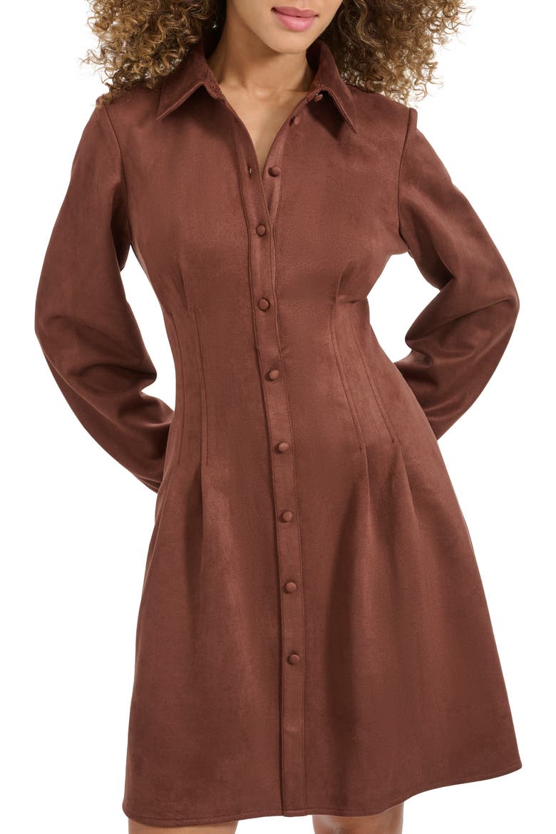 Faux Suede Long Sleeve Shirtdress, Alternate, color, BROWN