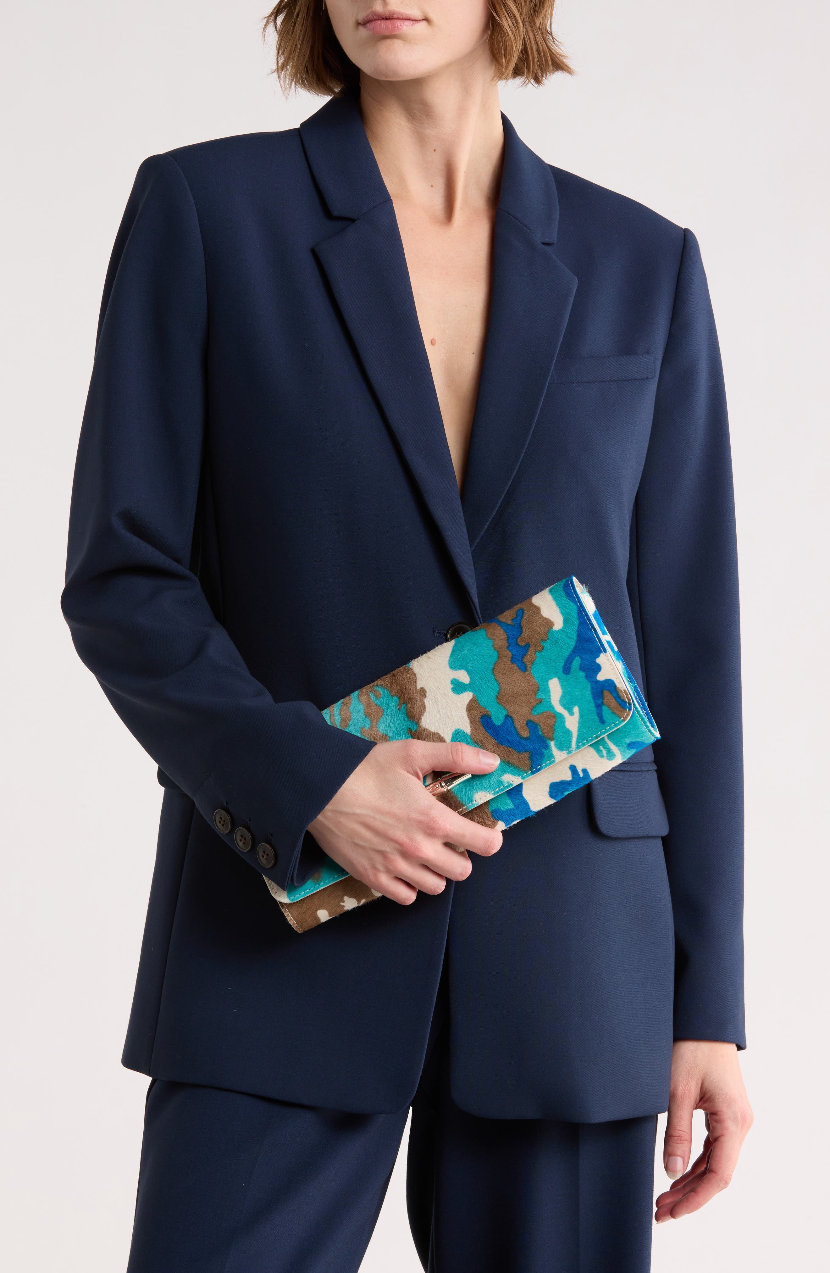 Longchamp Deep Camo Genuine Calf Hair Clutch, Alternate, color, Turquoise