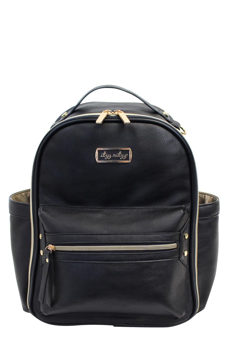 Faux Leather Mini Diaper Backpack, Main, color, BLACK