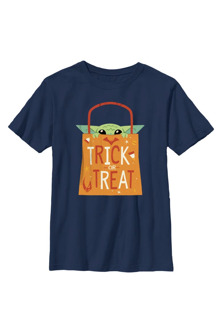 Boy's Star Wars The Mandalorian Halloween Grogu Trick or Treat Bag  Graphic T-Shirt, Main, color, Navy Blue