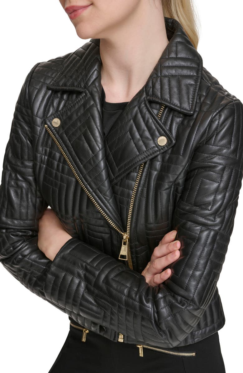 KARL LAGERFELD PARIS Double Quilted Leather Moto Jacket, Alternate, color, 