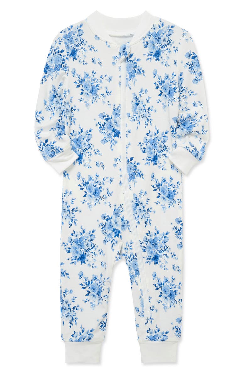 Little Me Blue Floral Stretch Viscose Zip One-Piece Pajamas, Alternate, color, Blue