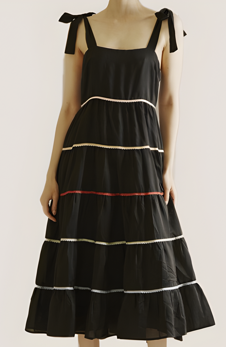 Modenaire Tiered Midi Dress with Contrast Stitching and Tie Shoulder Straps, Alternate, color, 