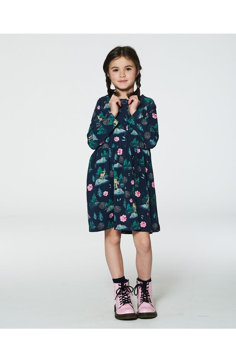 Deux par Deux Girl's Jersey Long Sleeve Dress Navy Printed Bambi, Alternate, color, 