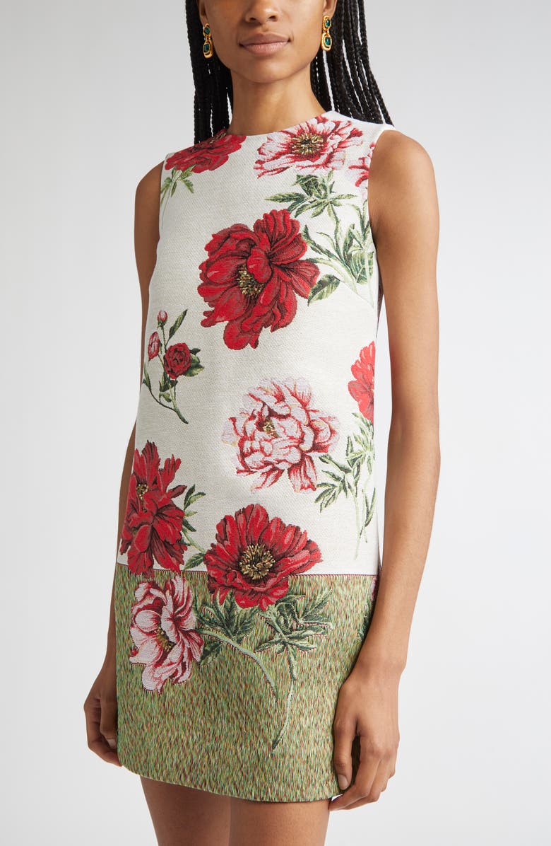 Oscar de la Renta Peony Jacquard Shift Dress, Alternate, color, Ecru Multi