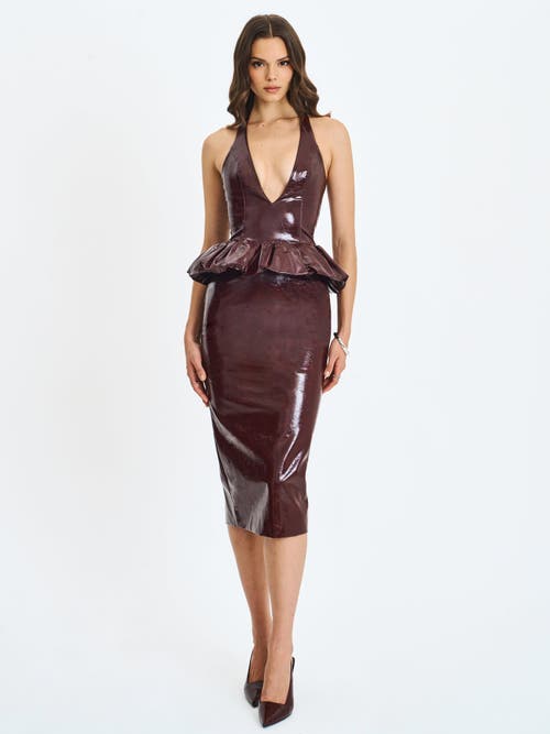 Miss Circle Jaslene Ruched Peplum Plunge Halter Midi Dress In Brown