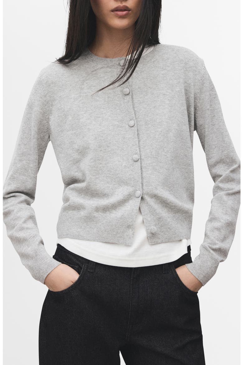 Covered Button Crewneck Cardigan, Main, color, LIGHT HEATHER GREY