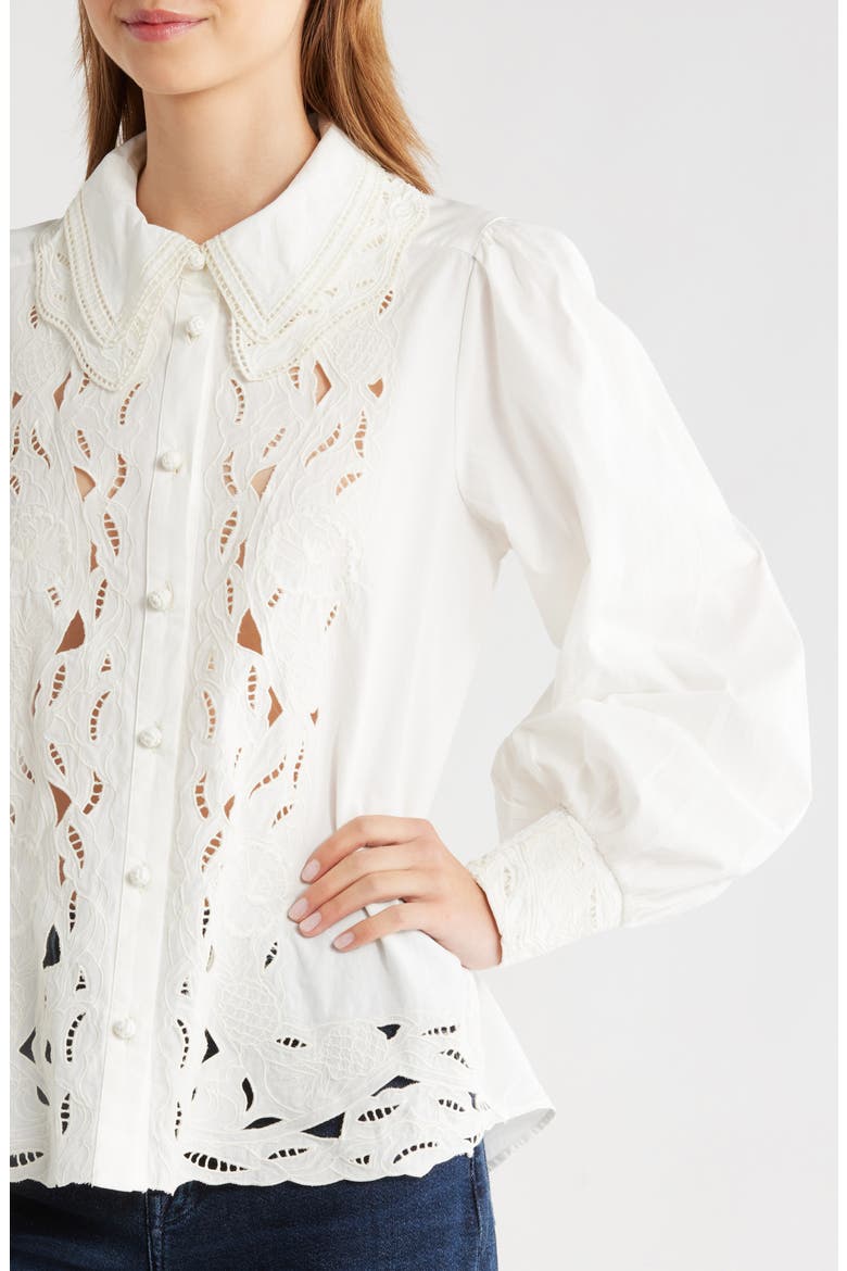 Embroidered Eyelet Puff Sleeve Button-Up Shirt, Alternate, color, OFF-WHITE