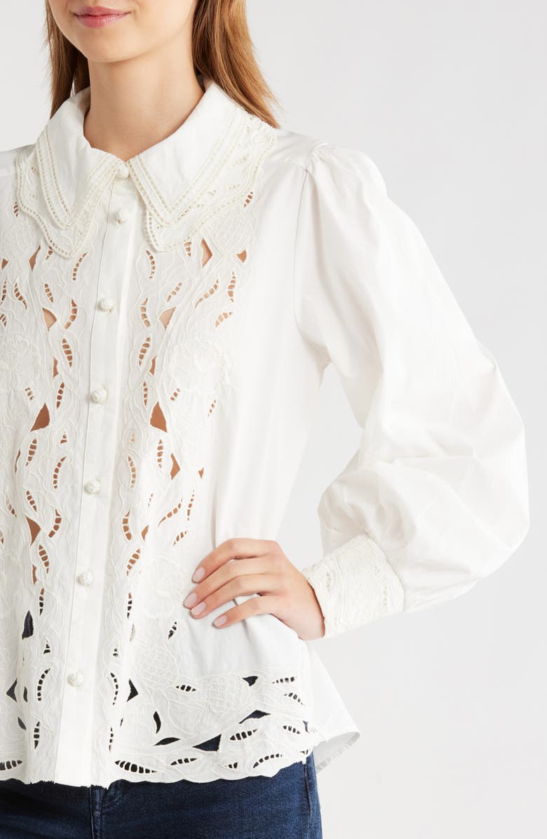 FARM Rio Embroidered Eyelet Puff Sleeve Button-Up Shirt, Alternate, color, Off-White