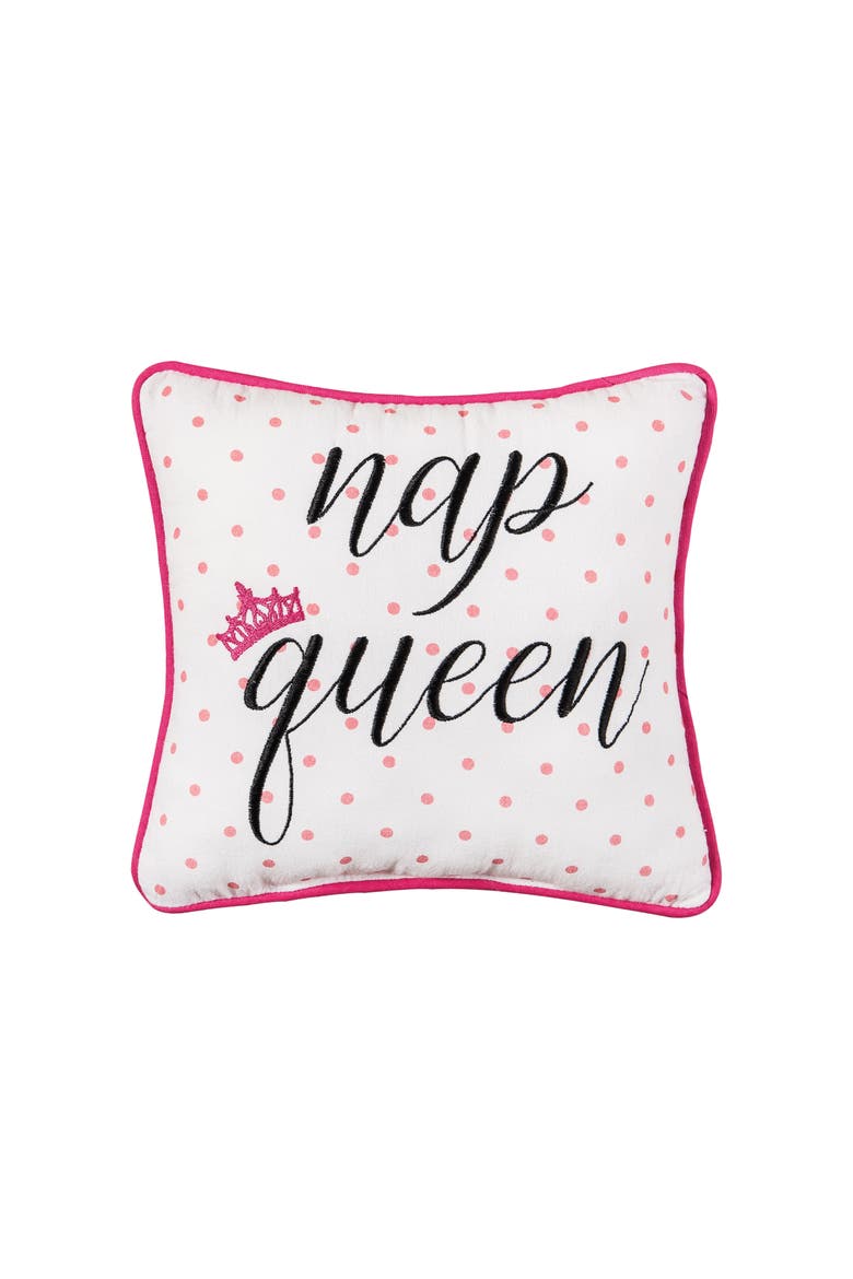 "Nap Queen" Pink Crown & Polka Dots Mini Accent Pillow 10" x 10", Main, color, Pink