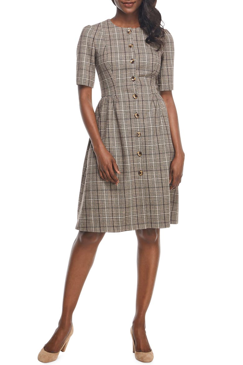 Jeanie Woodland Plaid Button Front Dress, Main, color, NEUTRAL