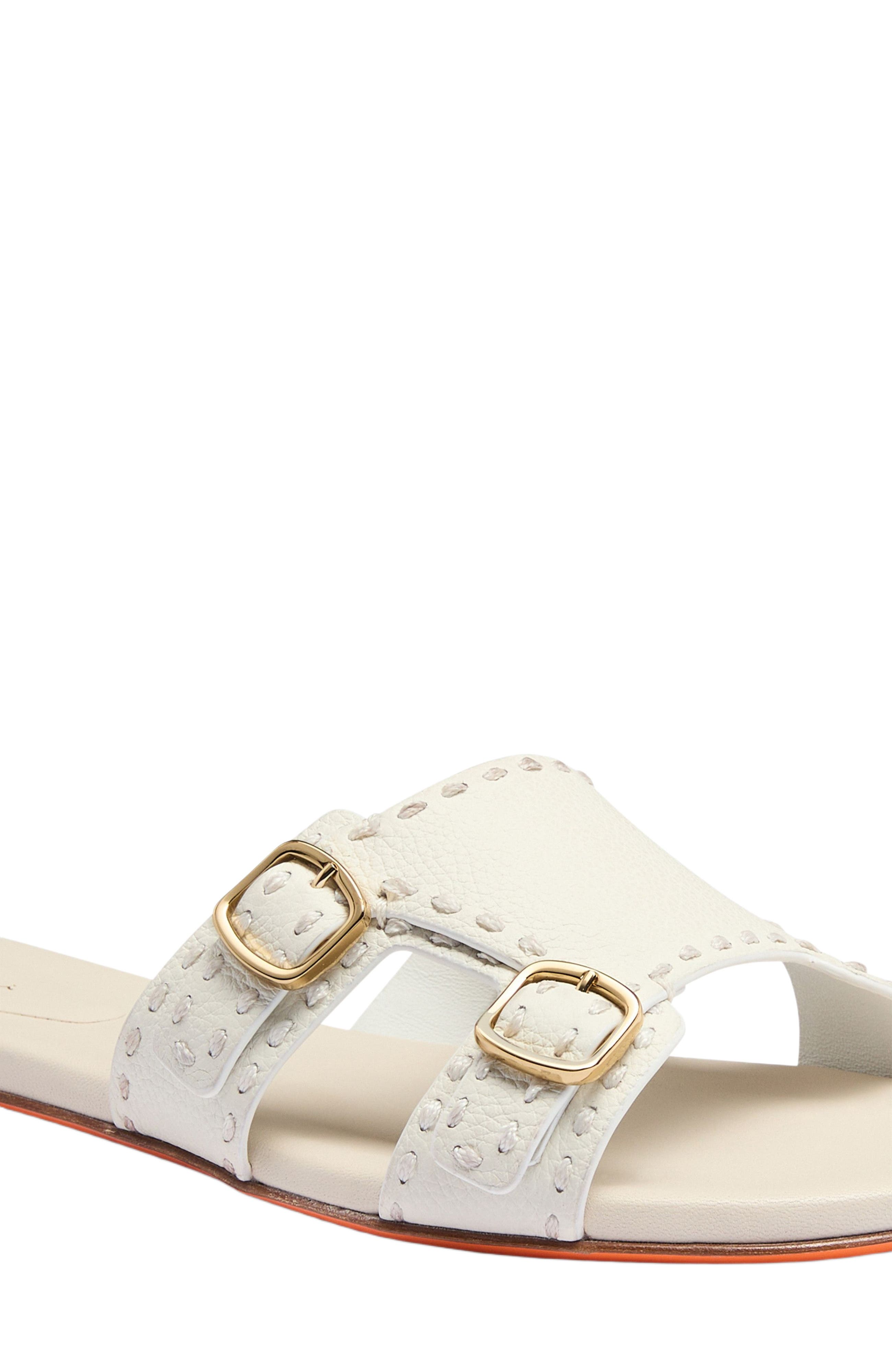 Santoni Women
s leather double-buckle Didi slide sandal, Alternate, color, White