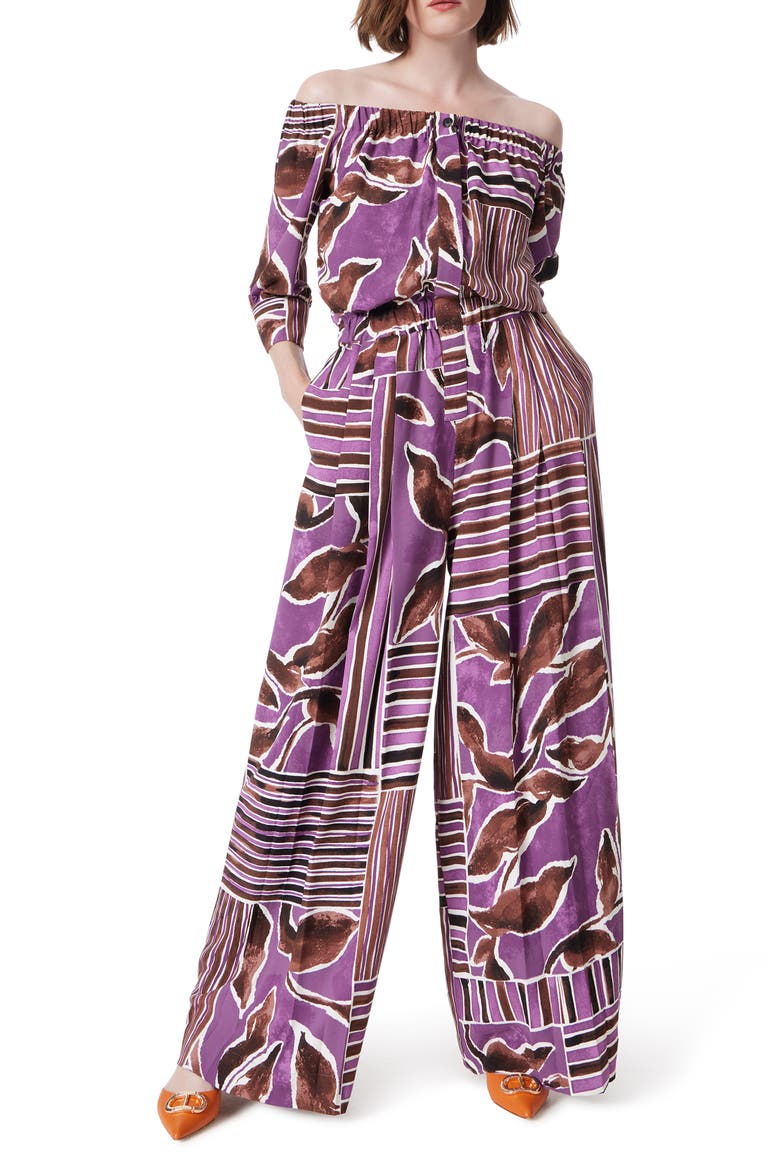 Print Off the Shoulder Wide Leg Jumpsuit, Main, color, BLACK PLUM