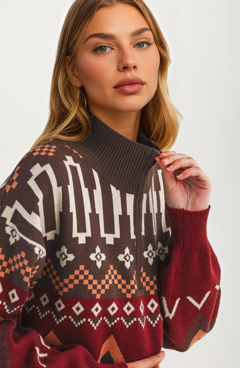 Knit and Lounge Half-Zip Geometric Sweater, Alternate, color, Rust / Terracotta