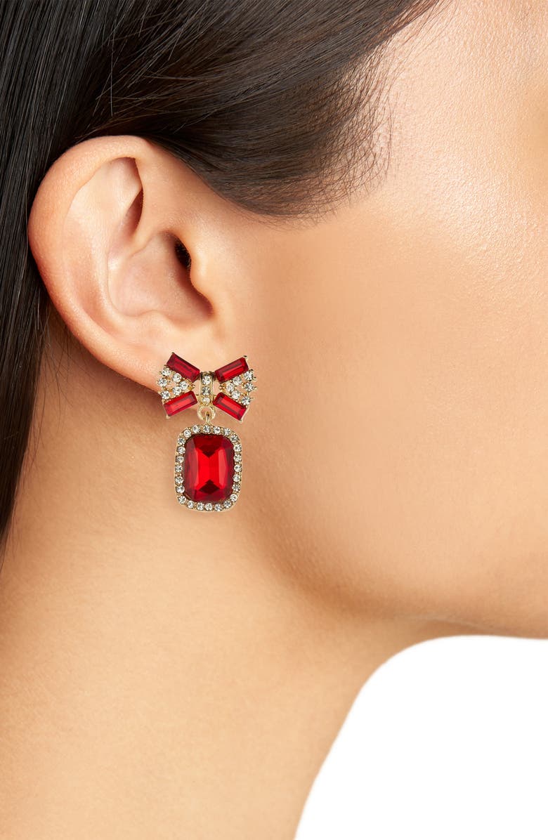 Cara Bow Top Crystal Drop Earrings, Alternate, color, Red