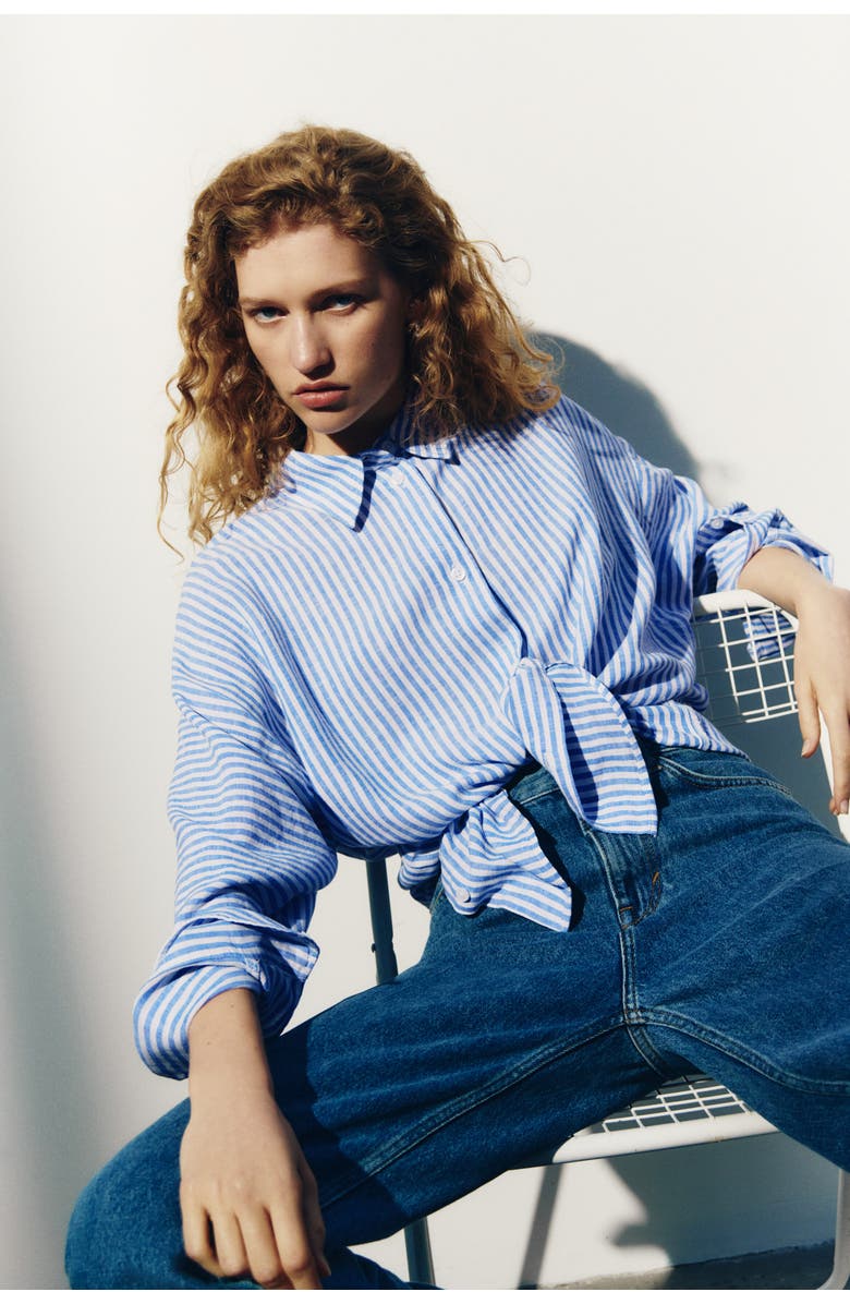 H&M Dolman-sleeved Linen-blend Shirt, Main, color, Blue/Striped
