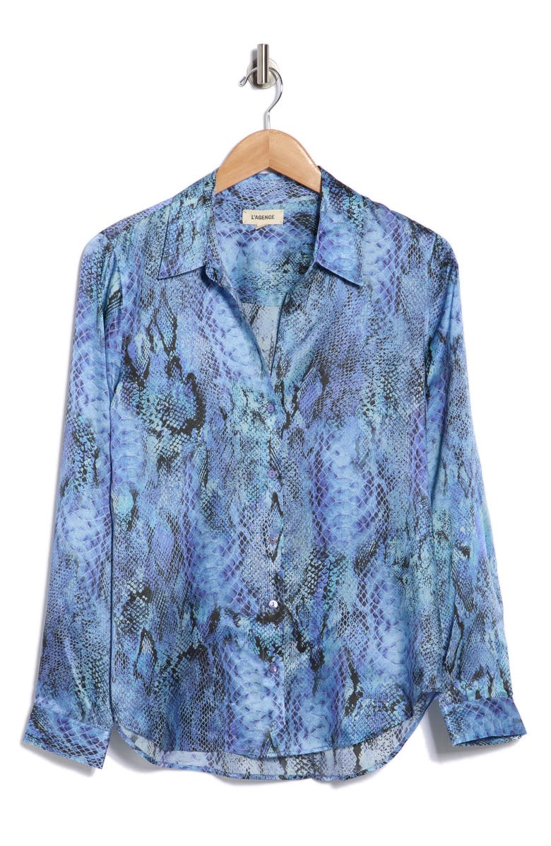 L'AGENCE Tyler Snakeskin Print Silk Button-Up Shirt, Main, color, Blue Snake