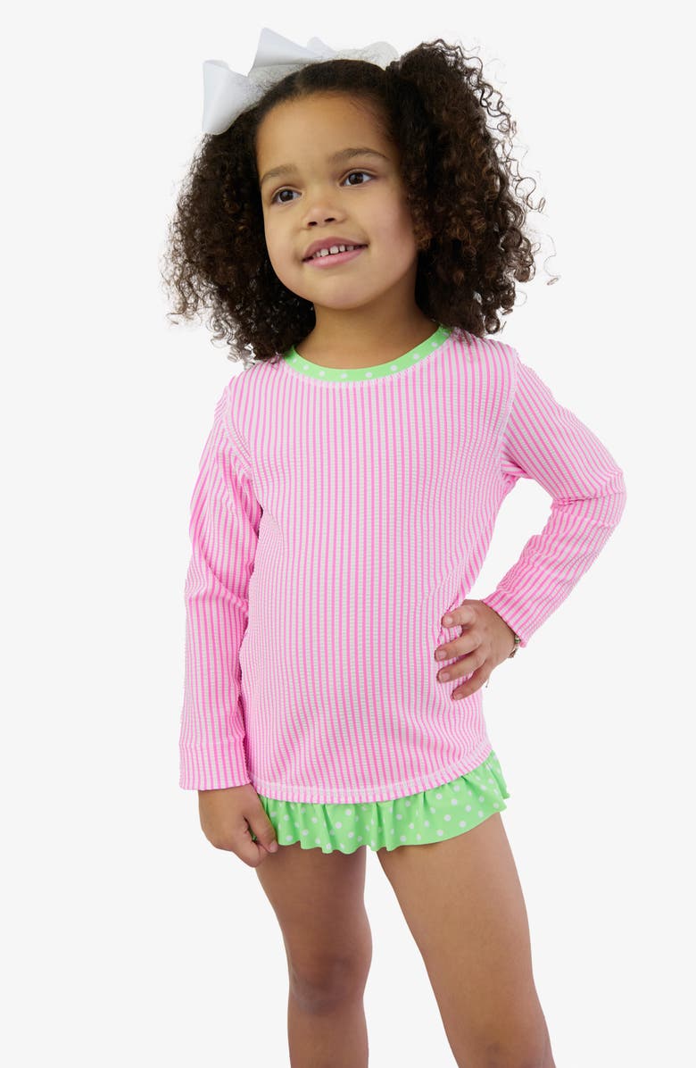 RuffleButts Kids' Long Sleeve Ruffle Hem Two-Piece Rashguard Swimsuit, Alternate, color, Pink