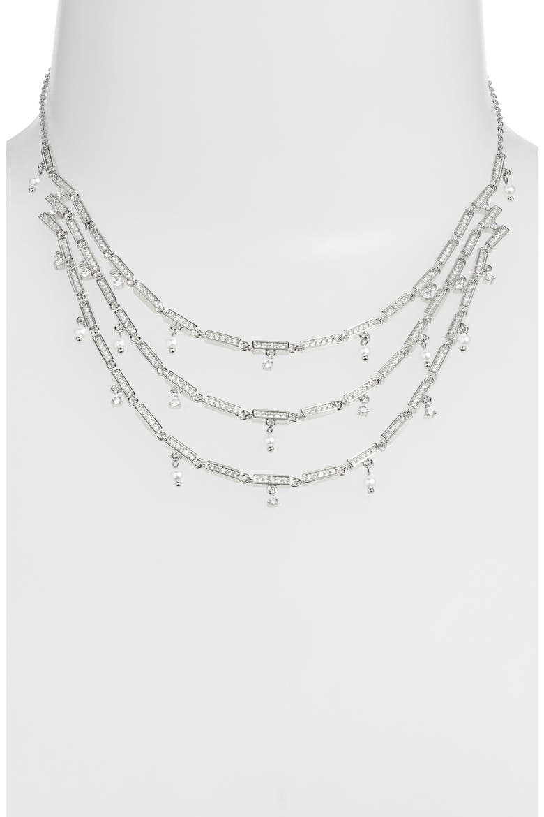Cubic Zirconia & Pearl Charm Triple Tier Necklace, Alternate, color, CLEAR- SILVER