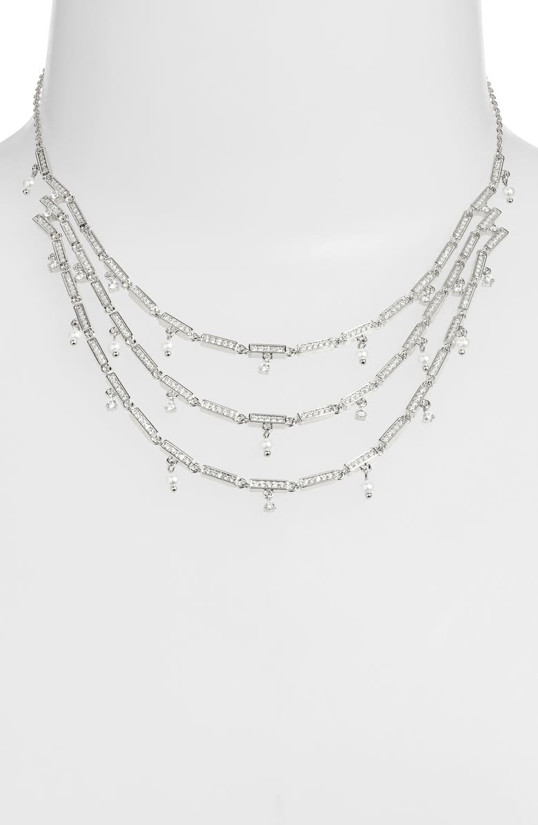 Nordstrom Cubic Zirconia & Pearl Charm Triple Tier Necklace, Alternate, color, Clear- Silver