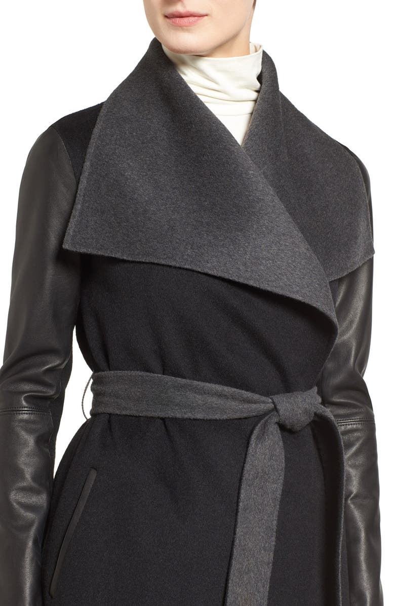 Mackage Leather Sleeve Wool Blend Wrap Coat, Alternate, color, 