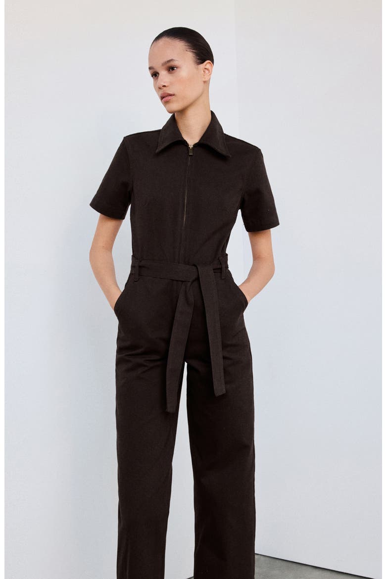 Tie Waist Denim Jumpsuit, Alternate, color, CHOCOLATE