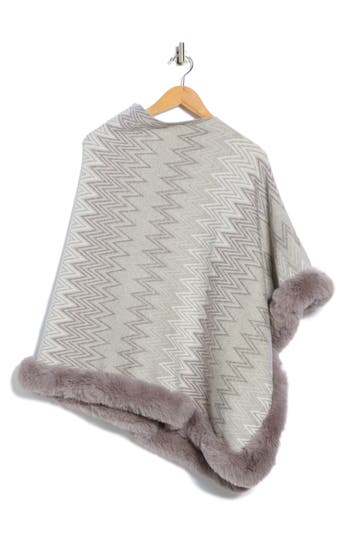 La Fiorentina Zigzag Poncho With Faux Fur Trim In Gray