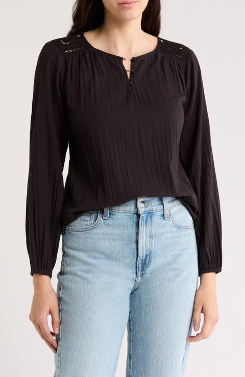 Long Puff Sleeve Cutout Cotton Top